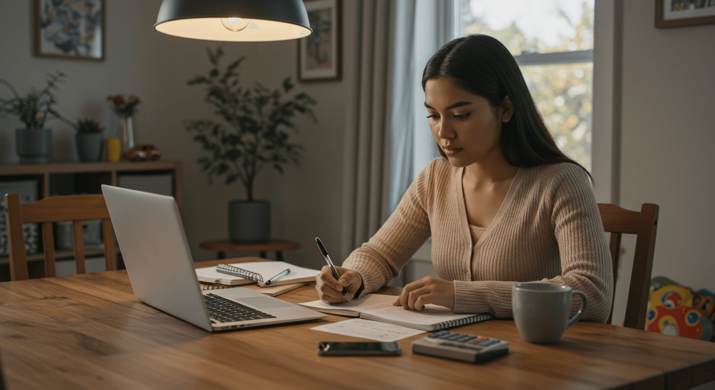 Mujer latina joven haciendo su presupuesto mensual en casa con laptop y libreta.