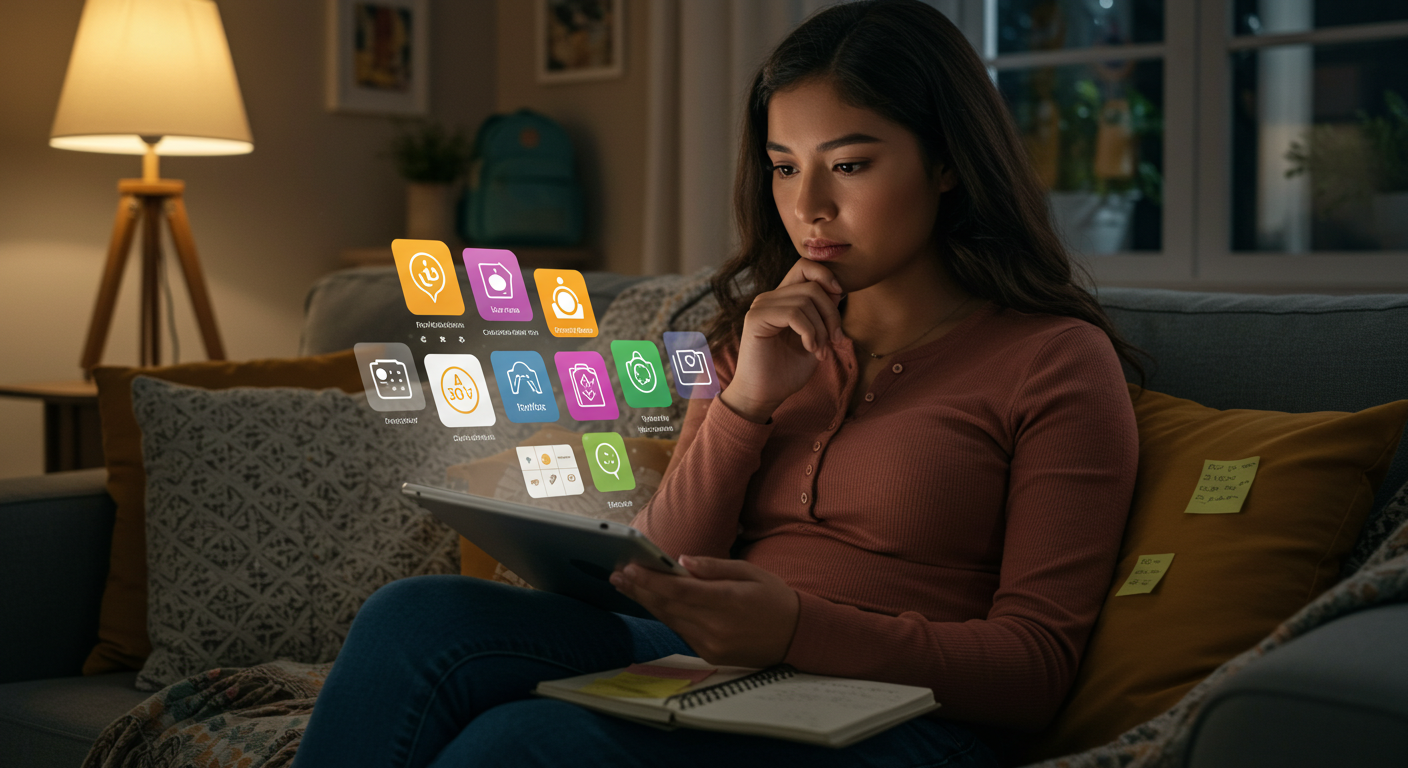 Personalizando sus herramientas digitales según sus necesidades Mamá estudiante explorando diferentes aplicaciones en su tablet