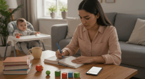 Mamá joven organizando su día con agenda y calendario digital
