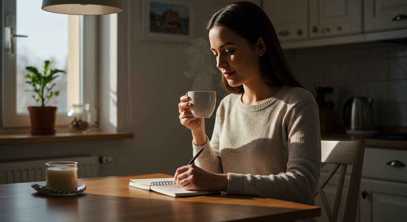 Rutina matutina de autocuidado té, reflexión y gratitud. Madre joven hispana comenzando su día con té y escritura en su diario personal.