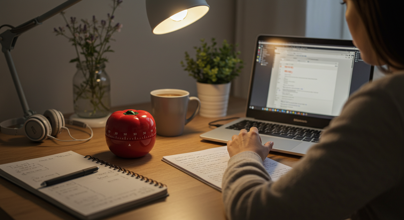 Técnica Pomodoro para mejorar la productividad y mantener el enfoque Mujer usando la técnica Pomodoro con temporizador sobre el escritorio y tareas organizadas