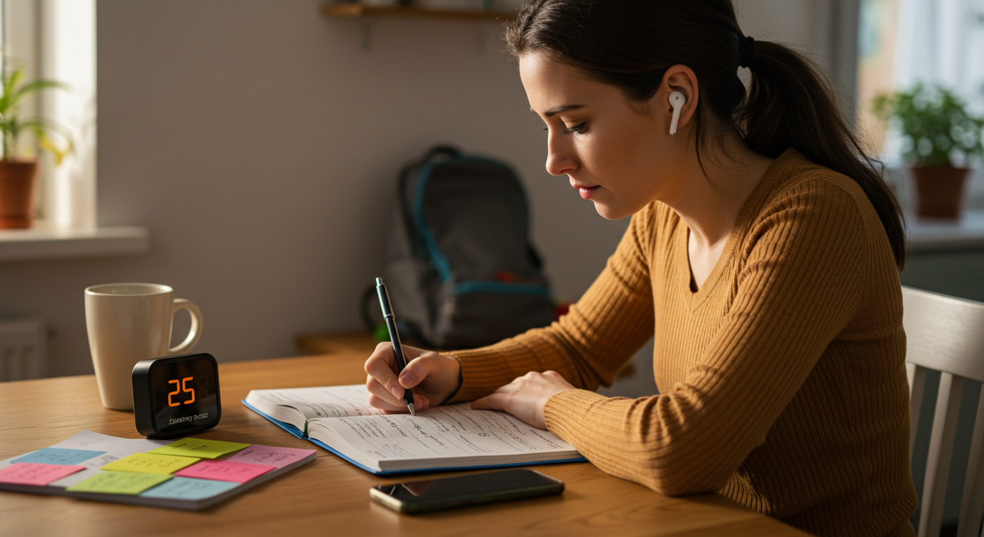 Técnicas para estudiar en poco tiempo Pomodoro, notas y apps móviles. Mamá aplicando técnicas de estudio como Pomodoro y uso de apps mientras organiza su tiempo.