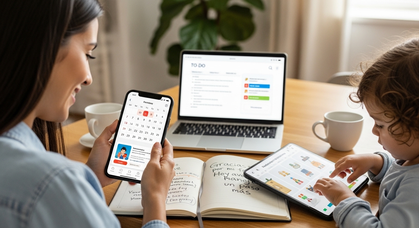 Tecnología y mentalidad positiva claves para madres estudiantes. Mamá usando herramientas digitales para estudiar y organizar su día con actitud positiva.