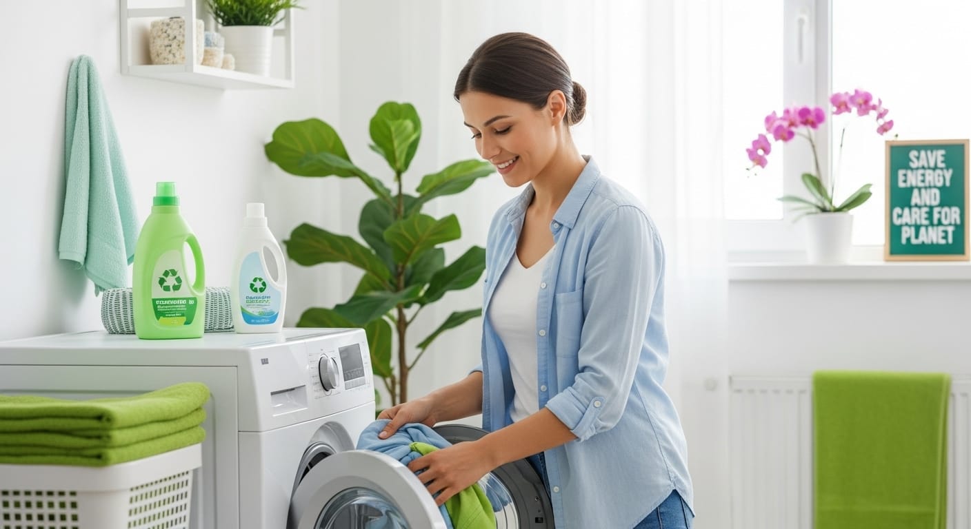 Mujer usando lavadora eficiente en lavandería moderna y ecológica.