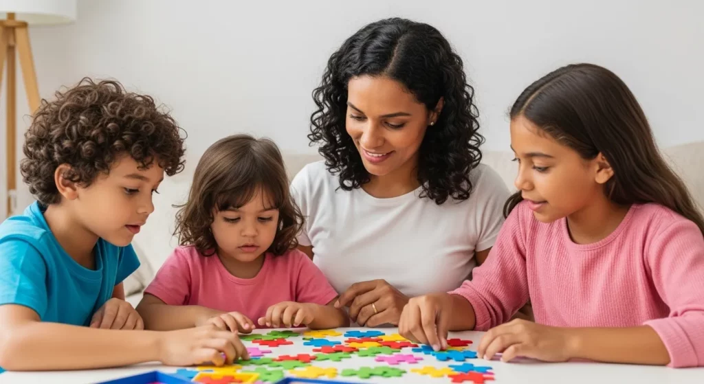 Una mujer sonriendo y tres niños (dos niños, una niña) jugando con piezas de rompecabezas de colores brillantes en una mesa.