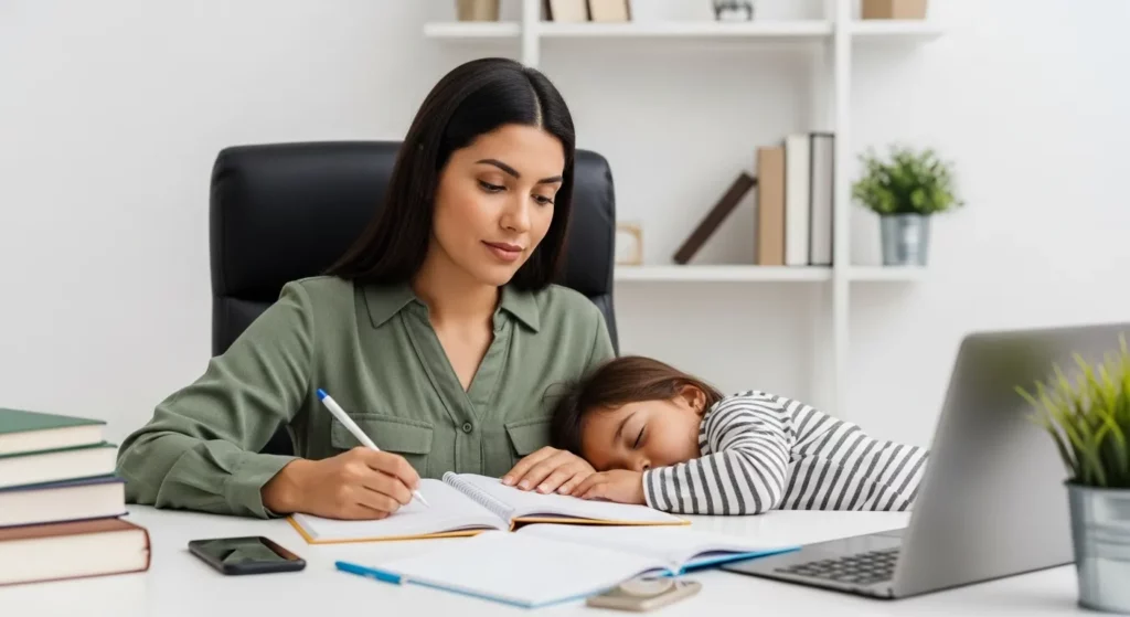 Mujer concentrada trabajando en escritorio con niña durmiendo sobre su brazo en casa. Home office, crianza.