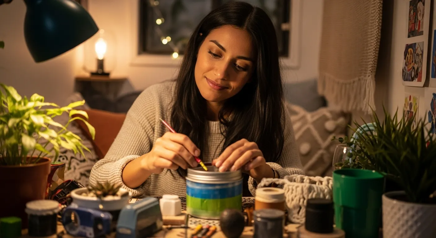 Mujer pintando un frasco con un pincel en un escritorio lleno de materiales de arte y plantas, en un ambiente acogedor.