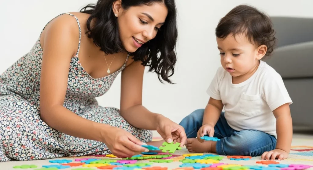 Madre e hijo sentados en el suelo jugando con piezas de rompecabezas de colores brillantes.