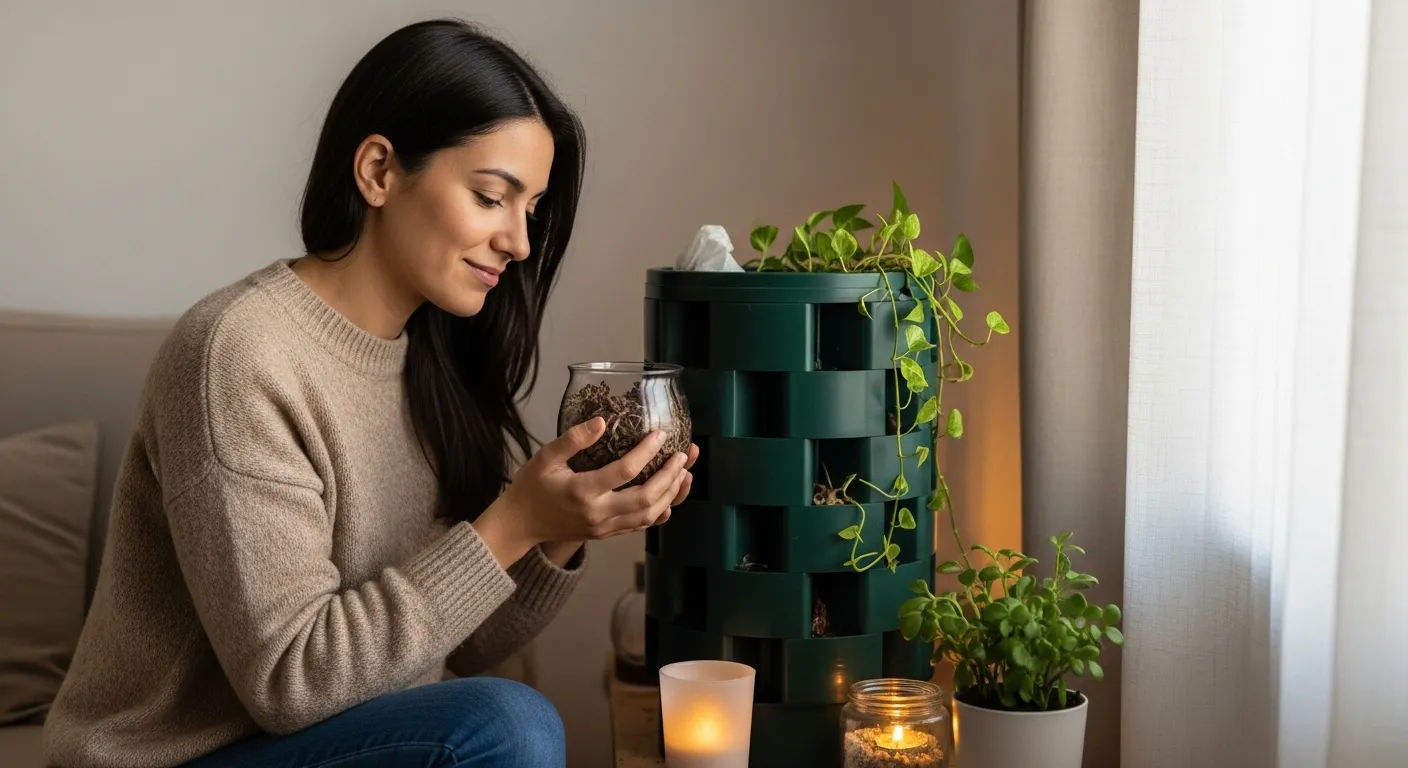 Mujer sonriendo sosteniendo un frasco de compost cerca de una vermicompostera verde interior con plantas.