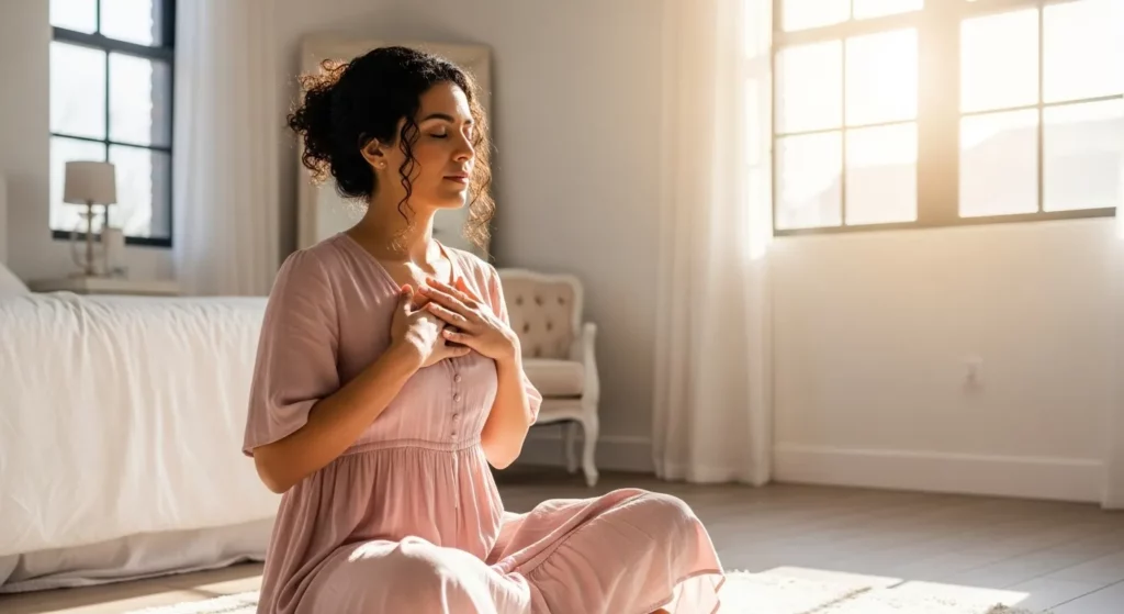 Mujer meditando en dormitorio con luz solar, manos en el pecho, ojos cerrados, sentada con las piernas cruzadas.