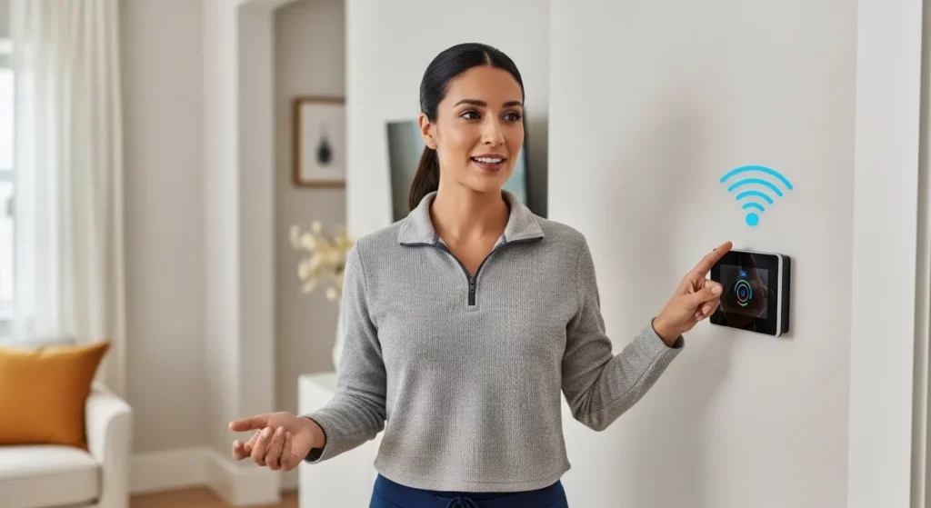 Mujer interactuando con panel de control de hogar inteligente en pared, con señal Wi-Fi azul
