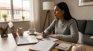 madre estudiante en casa organizando sus finanzas para ahorrar dinero