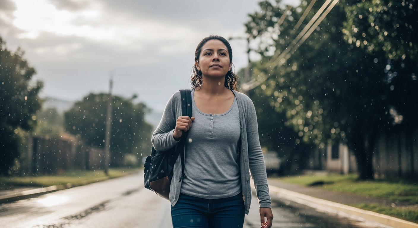 l poder de adaptarse ante la adversidad Mujer caminando bajo la lluvia con expresión de fortaleza y resiliencia.