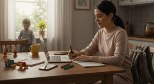 Mamá joven estudiando en casa con su hijo pequeño jugando cerca