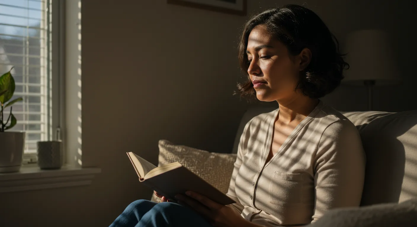 Autocuidado y Paz: Madre Hispana en Casa Madre hispana ama de casa en momento de autocuidado, leyendo tranquilamente en rincón soleado de su hogar. Paz y serenidad.