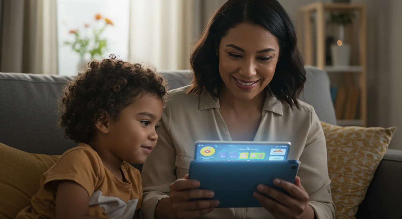 Madre Hispana y Niño Aprenden Juntos con Tableta Madre hispana y niño aprenden con tableta en sala cálida. Contenido educativo digital brillante en pantalla.