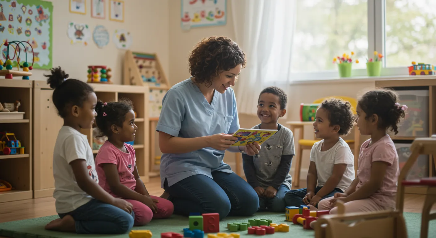 Cuidado Infantil Cálido y Conectado Cuidadora cálida interactúa a nivel visual con niños diversos sonrientes en sala de juegos luminosa, fomentando confianza.