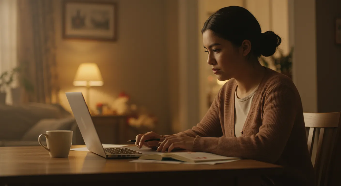 Mujer latina trabajando o estudiando en casa cálida Joven latina concentrada trabajando en laptop o estudiando en casa acogedora. Luz natural, café, detalles de hogar/maternidad.