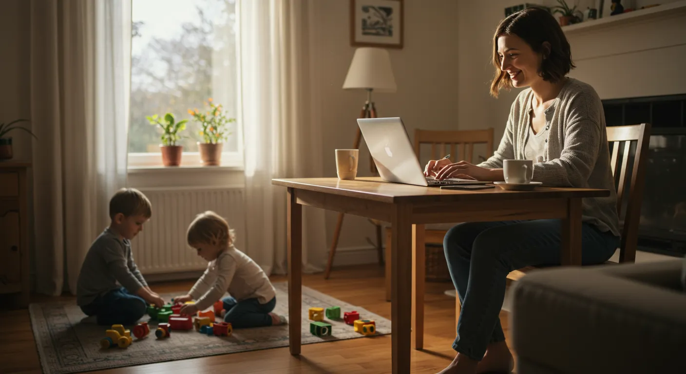 Equilibrio Perfecto: Madre Trabajando en Casa con Hijos Felices. Madre sonriente trabaja en laptop, niños juegan cerca en sala soleada. Equilibrio trabajo-familia, hogar cálido y productivo.