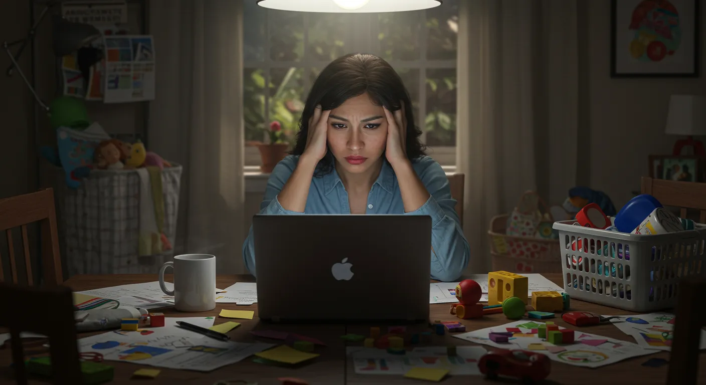El Caos de Trabajar en Casa: Madre Estresada y Agotada Madre hispana estresada, 30s, trabajando en laptop en mesa de comedor desordenada con documentos, juguetes, café; cansada, equilibrando trabajo/hogar.
