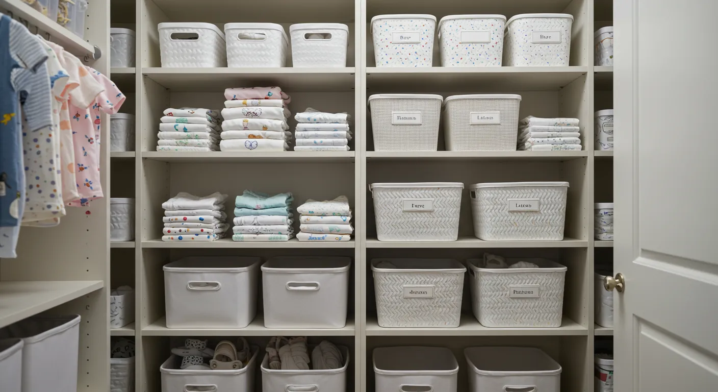 Armario de guardería impecablemente organizado con estantes llenos de ropa de bebé latina colorida y cestas etiquetadas. Luz natural suave.