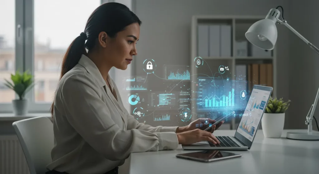 Mujer latina emprendedora enfocada trabajando en laptop en oficina en casa. Pantalla muestra gráficos, transacciones, iconos seguros de finanzas y pagos. Luz natural.