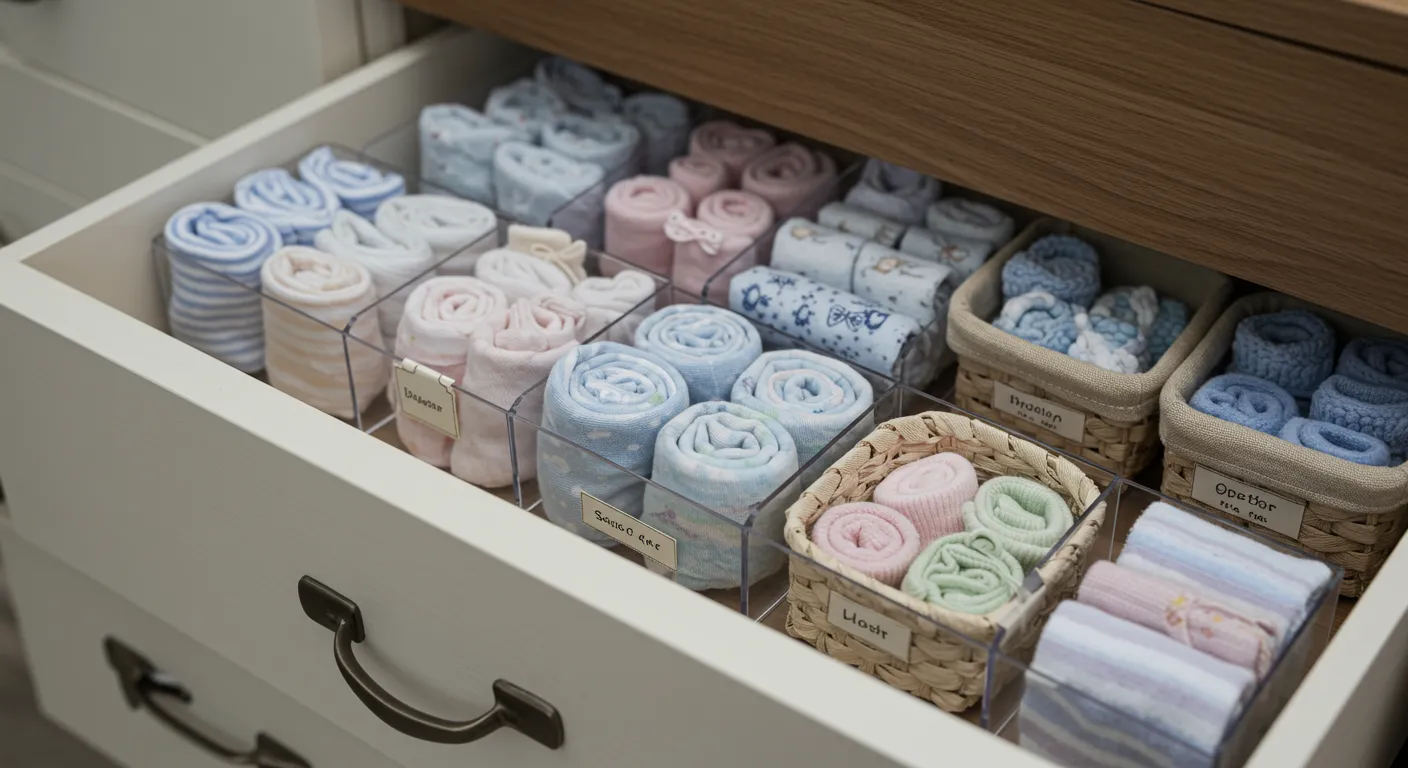 Cajón de Bebé Perfectamente Organizado Cajón de cómoda de bebé muy organizado con ropa doblada, separadores acrílicos y cestas etiquetadas para calcetines y gorros.