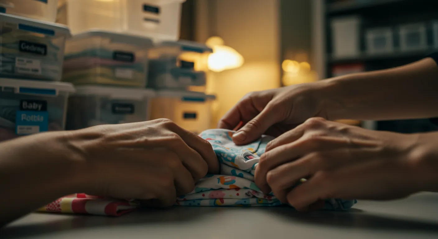Preparación con Amor: Doblando Ropa de Bebé Manos doblando cuidadosamente un pequeño onesie de bebé colorido. Contenedores de almacenamiento organizados al fondo. Luz cálida.