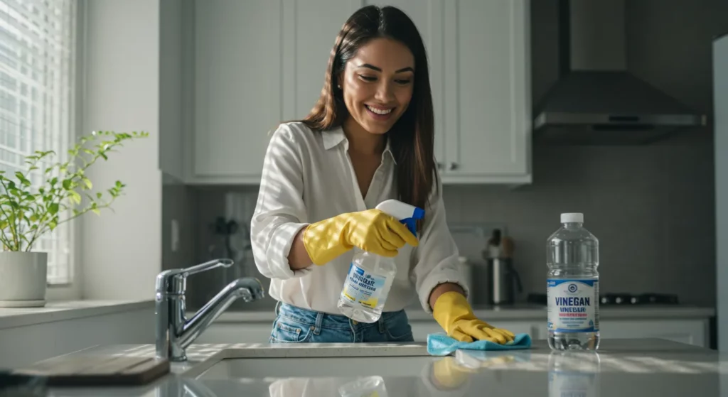 Mujer hispana sonriente limpia encimera de cocina/baño moderna con vinagre. Superficie reluciente.
