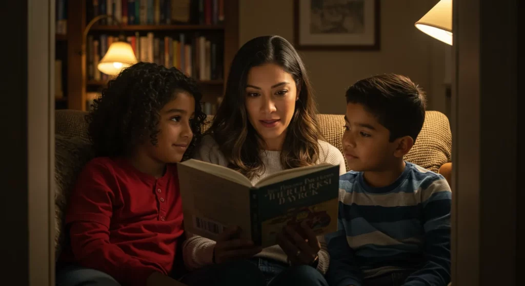 Mujer hispana lee un libro a dos niños hispanos en un rincón de lectura acogedor con luz suave y estanterías.