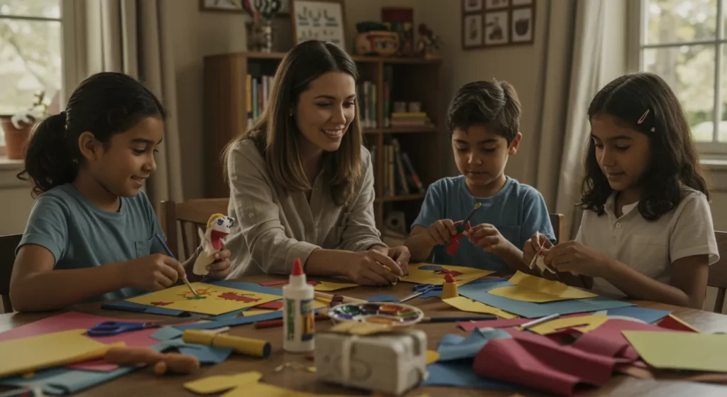Mujer hispana y 3 niños hacen títeres y arte inspirados en libro. Manualidades creativas con materiales coloridos en mesa, luz cálida.