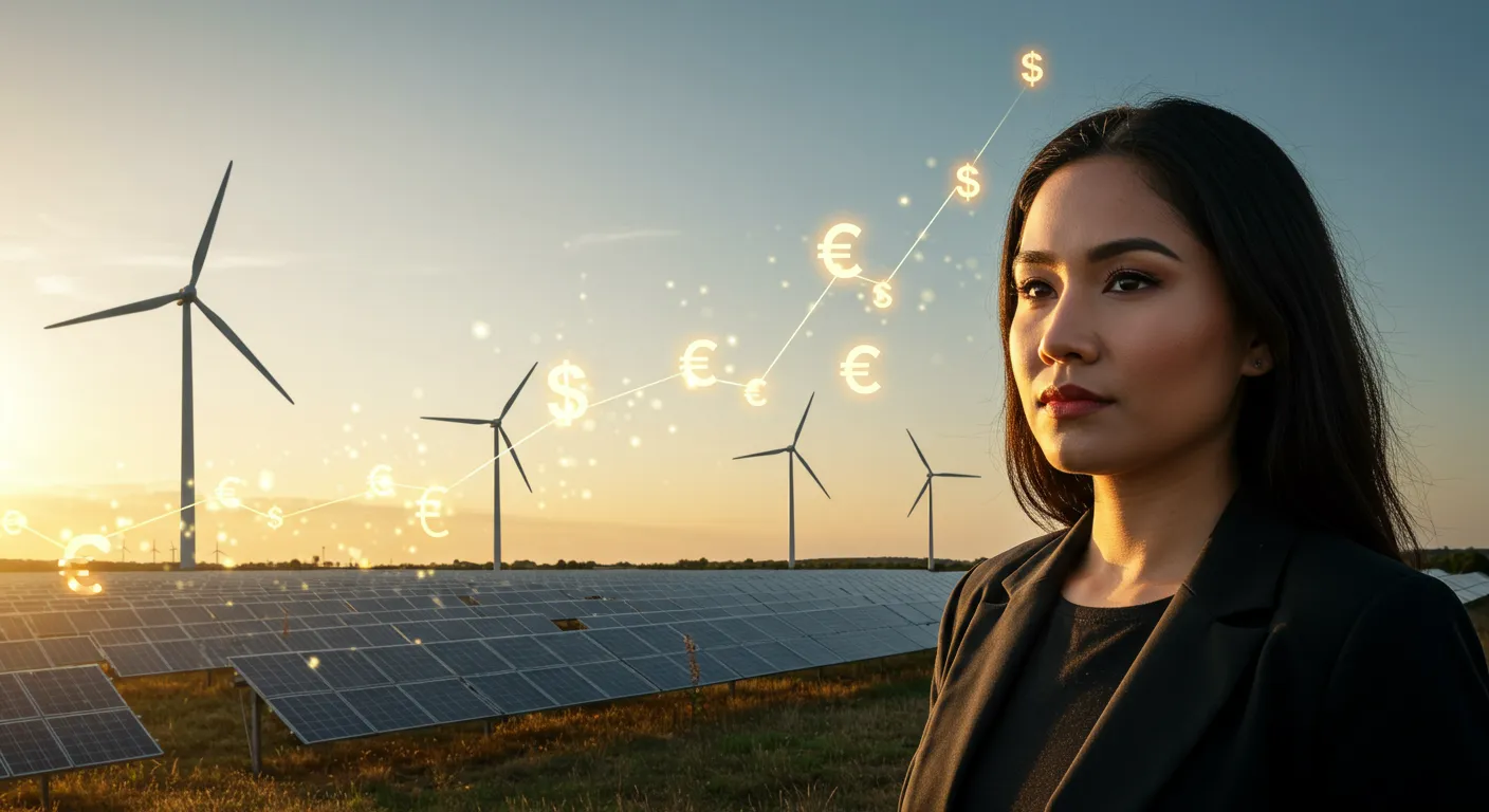Energía Limpia y Prosperidad: Inversión Sostenible Amplio paisaje soleado con paneles solares y turbinas eólicas. Luz dorada simboliza inversión y energía limpia. Líneas de energía se transforman en valor.