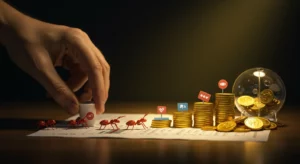 Ilustración simbólica: mano guía hormigas con monedas y objetos hacia ahorro. Gestión financiera consciente.