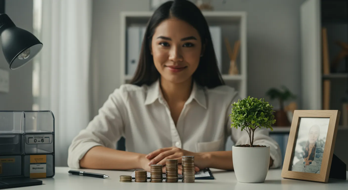 Bienestar Financiero: Ahorro y Metas Cumplidas Mujer hispana satisfecha en escritorio organizado con dinero y planta, simbolizando ahorro y crecimiento financiero personal.