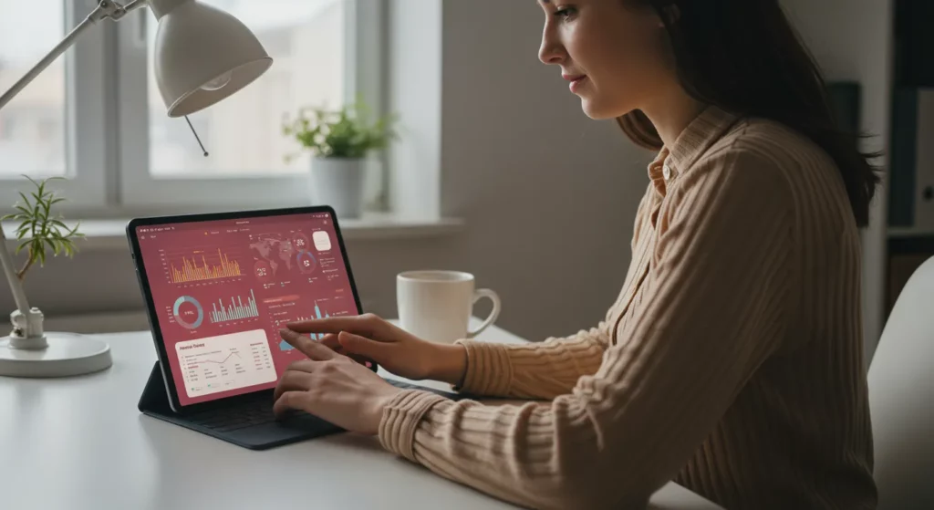 Mujer enfocada gestionando finanzas en tablet en oficina en casa soleada. Gráficos y app de presupuesto en pantalla.