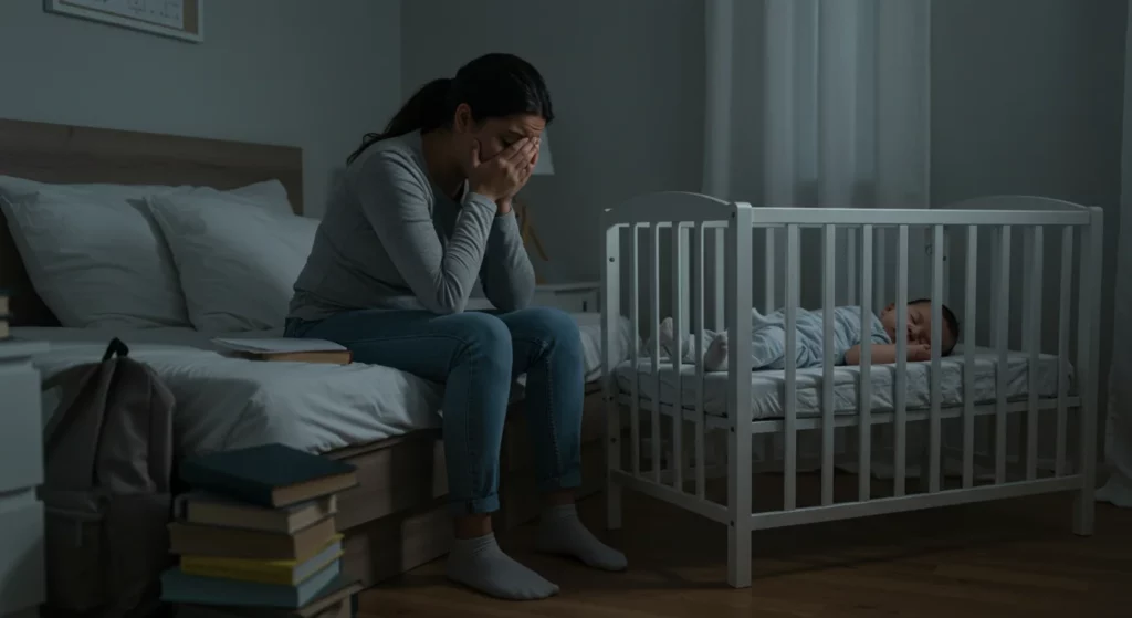 Madre estudiante agotada emocionalmente sentada junto a la cuna de su bebé.