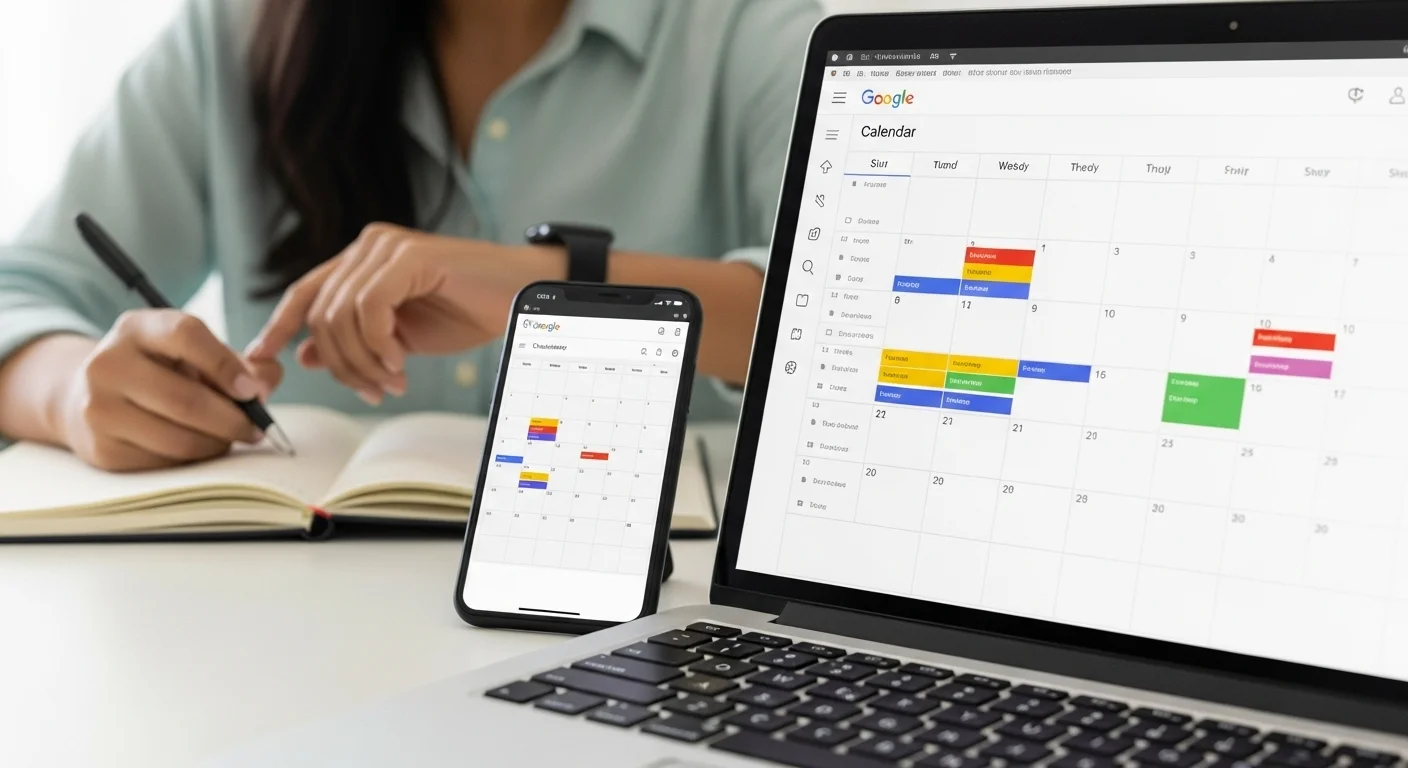 Calendarios digitales para priorizar y coordinar tu rutina diaria. Pantalla de calendario digital con eventos sincronizados en laptop y móvil.