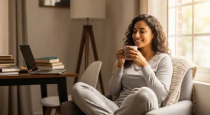 Madre joven disfrutando un momento de autocuidado en casa.