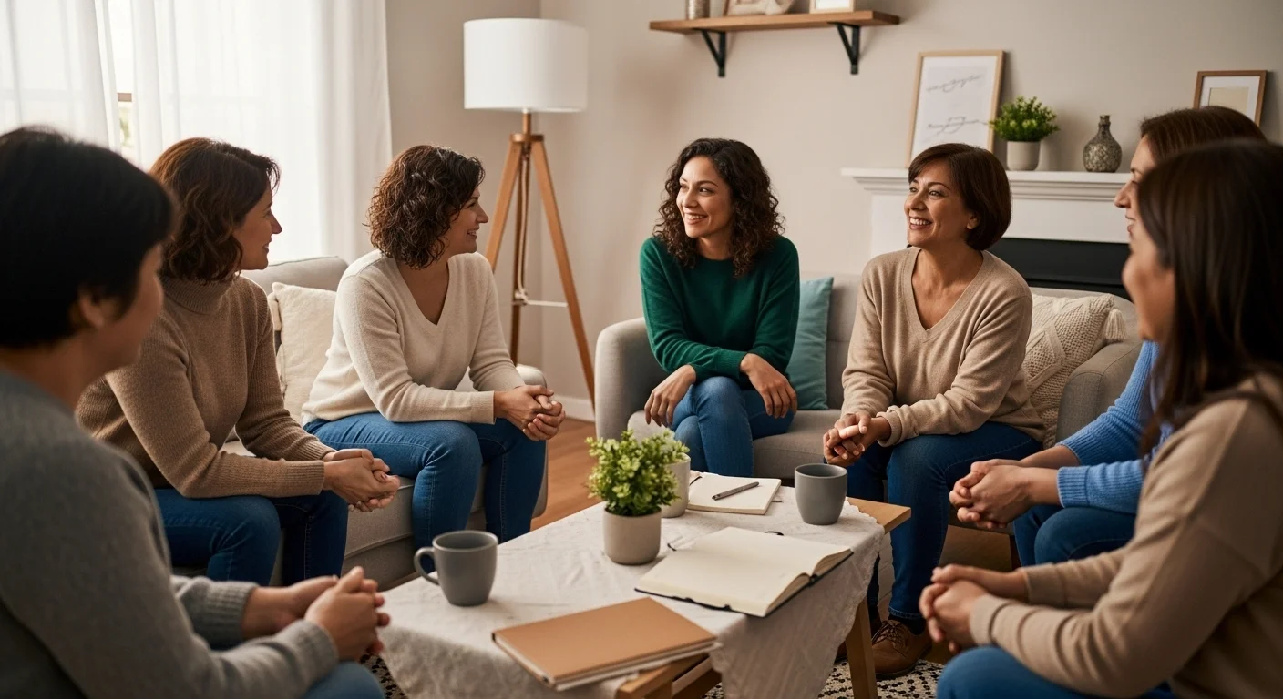 El papel de la comunidad en el autocuidado. Mujeres conversando y apoyándose en un ambiente acogedor.