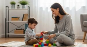 Madre jugando con su hijo en casa de forma relajada.
