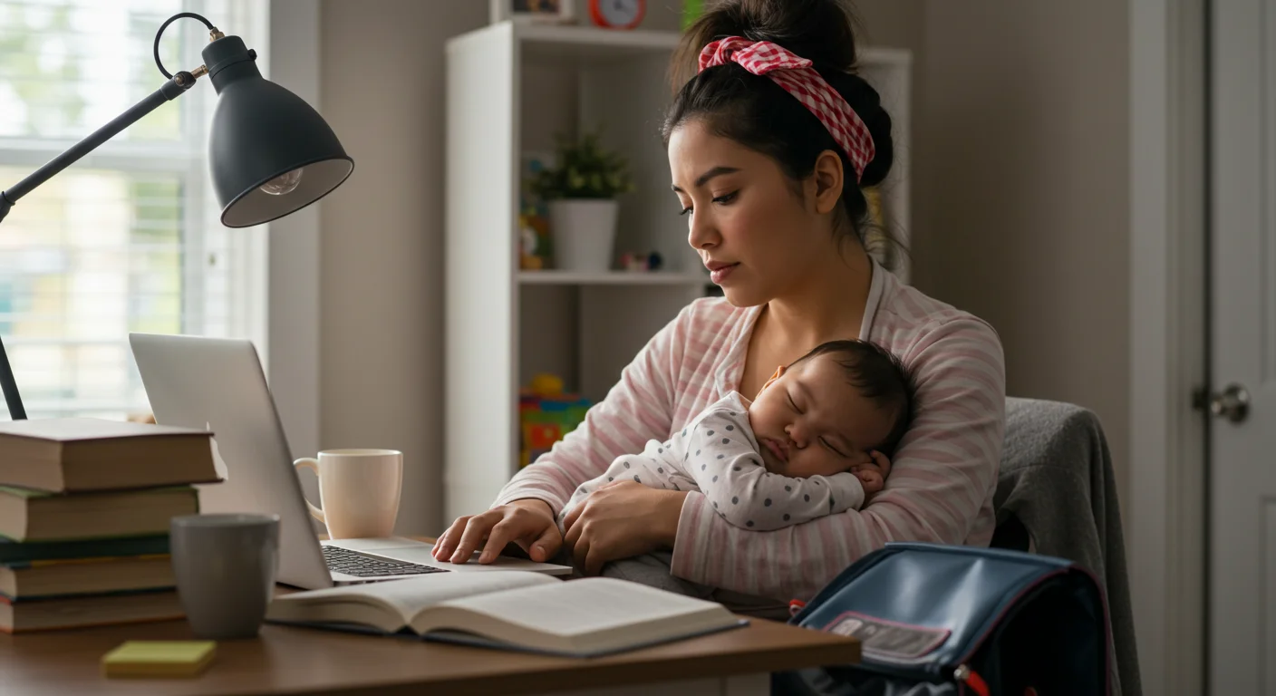Madre joven estudiando en casa con su bebé dormido en brazos.