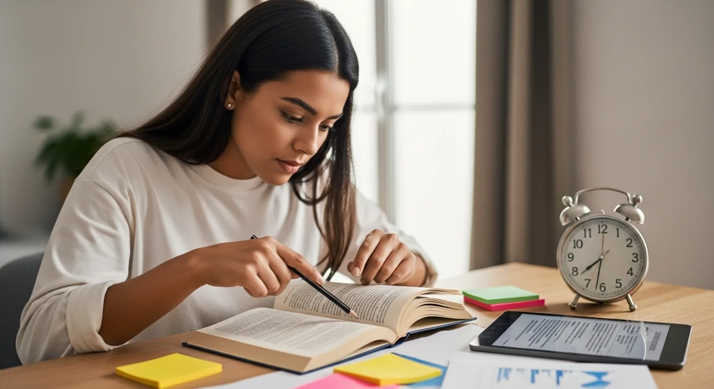 Mujer joven leyendo rapidamente un libro abierto sobre una mesa Mujer practicando técnicas de lectura rápida en casa