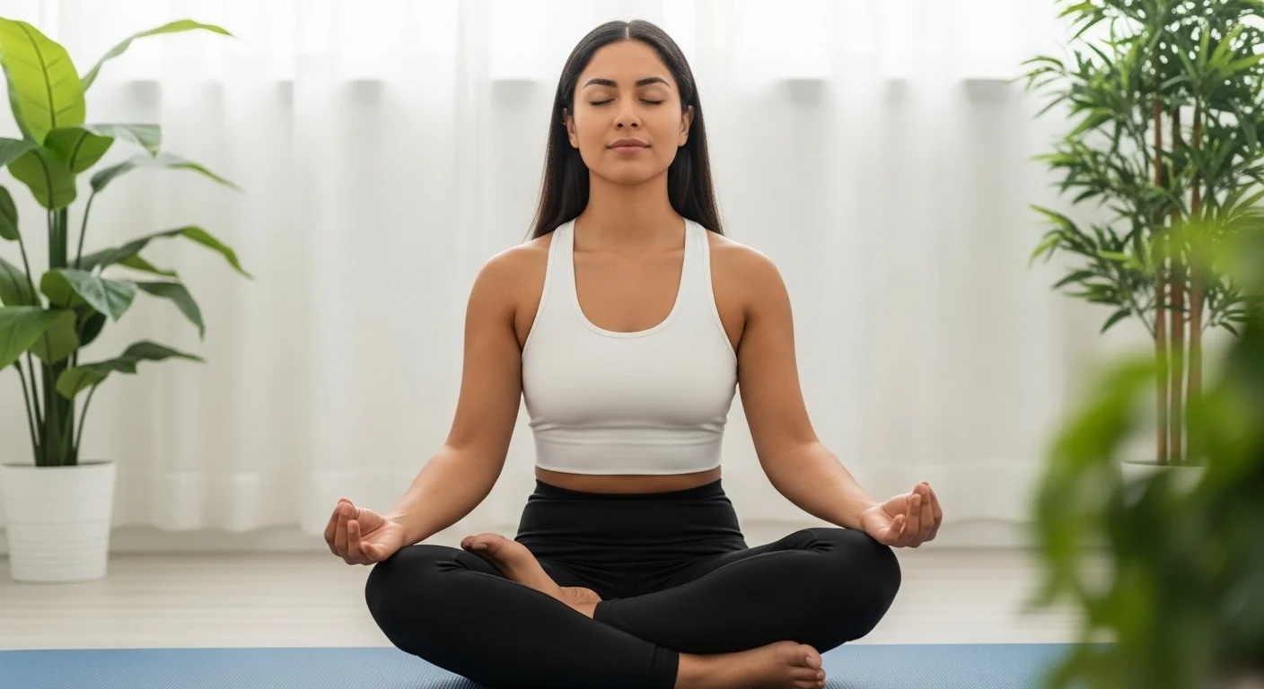Mujer latina practicando meditación y técnicas de respiración para reducir el estrés Mujer latina meditando en posición de loto, practicando respiración profunda y técnicas de relajación para reducir el estrés y conectar mente y cuerpo