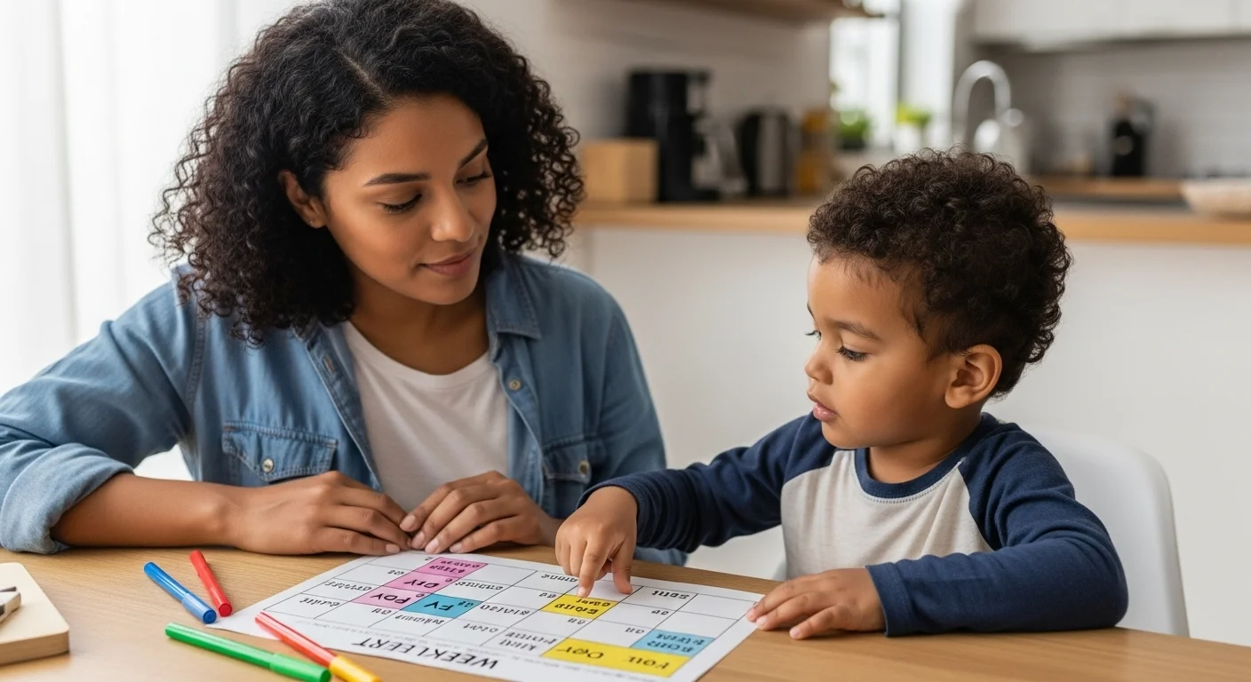 Planifica horarios claros para equilibrar estudio y vida familiar. Madre e hijo organizando juntos un calendario semanal en casa.