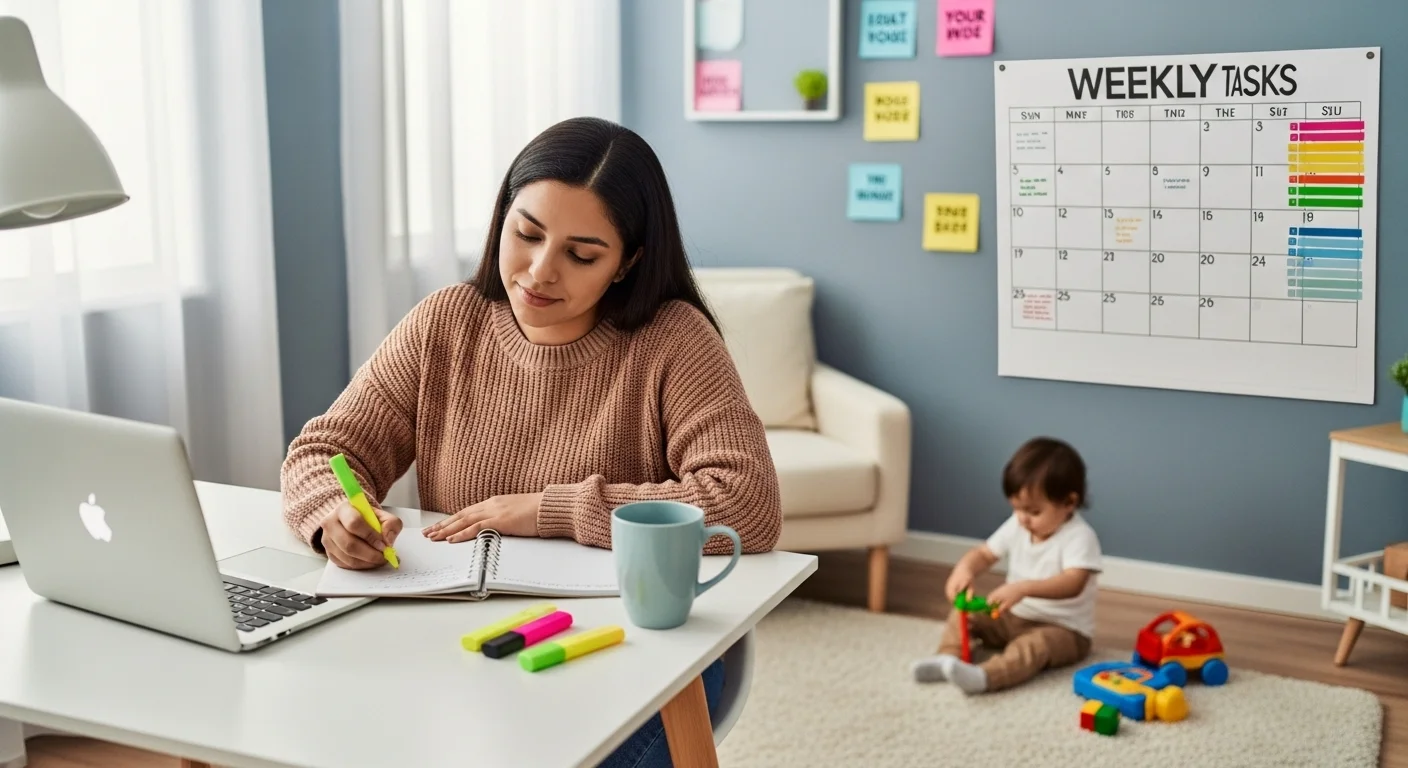 Madre hispánica estudiante organiza su semana mientras cuida a su hijo.