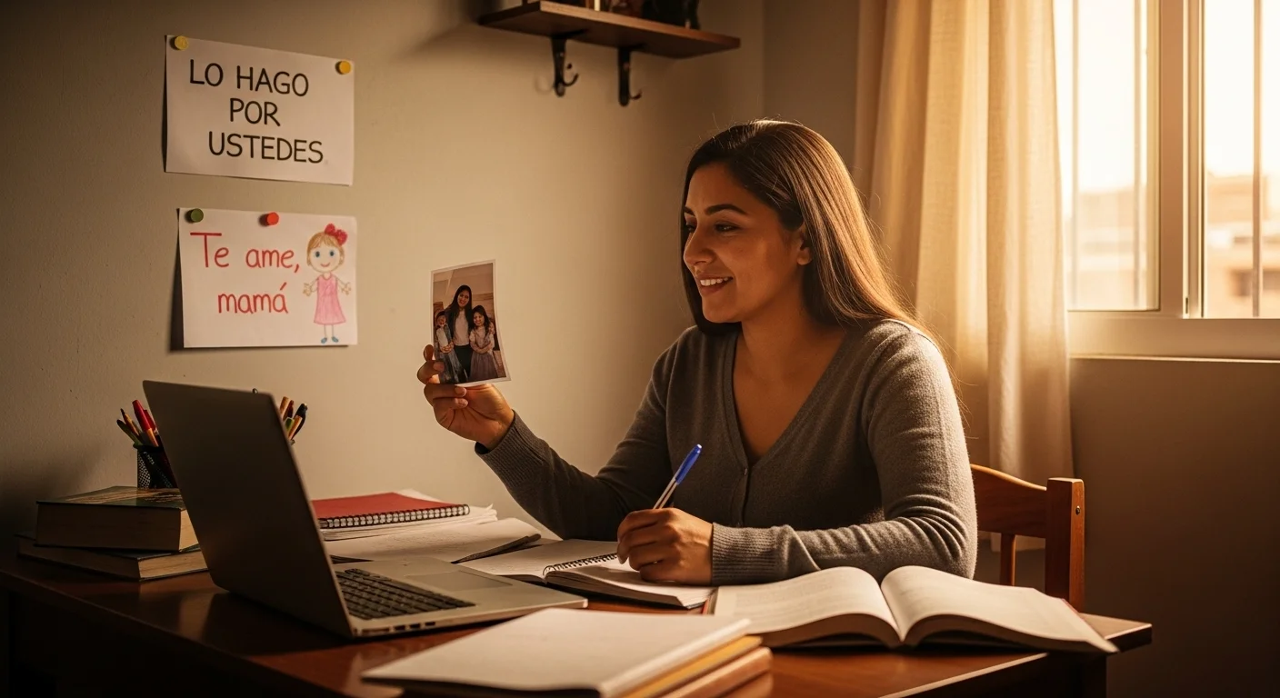 Recordar el propósito la fuerza interior de las mamás estudiantes. Madre hispánica estudiante mira una foto familiar recordando su propósito.