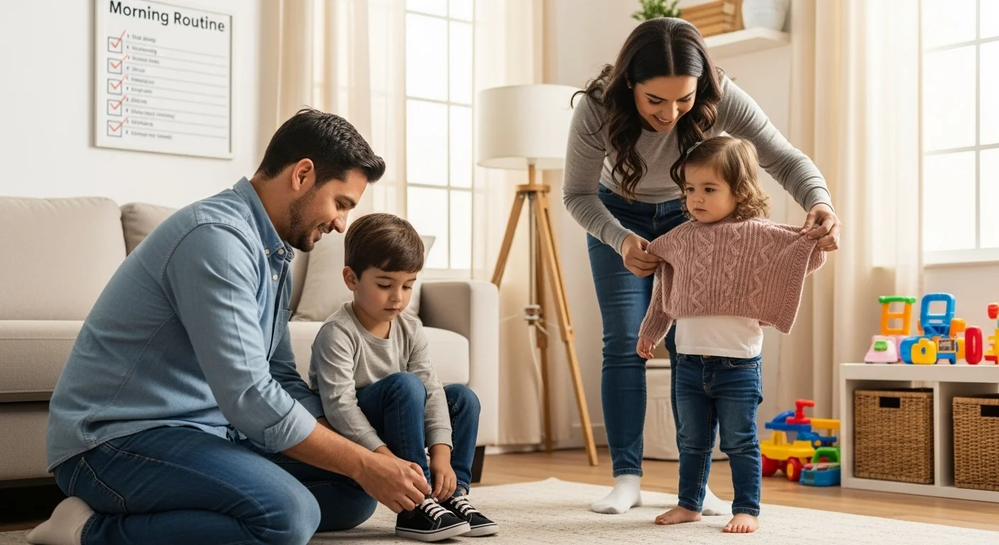 Trabajo en equipo entre padres clave para una rutina familiar efectiva. Padres hispánicos cooperando en la rutina matutina con sus hijos pequeños.