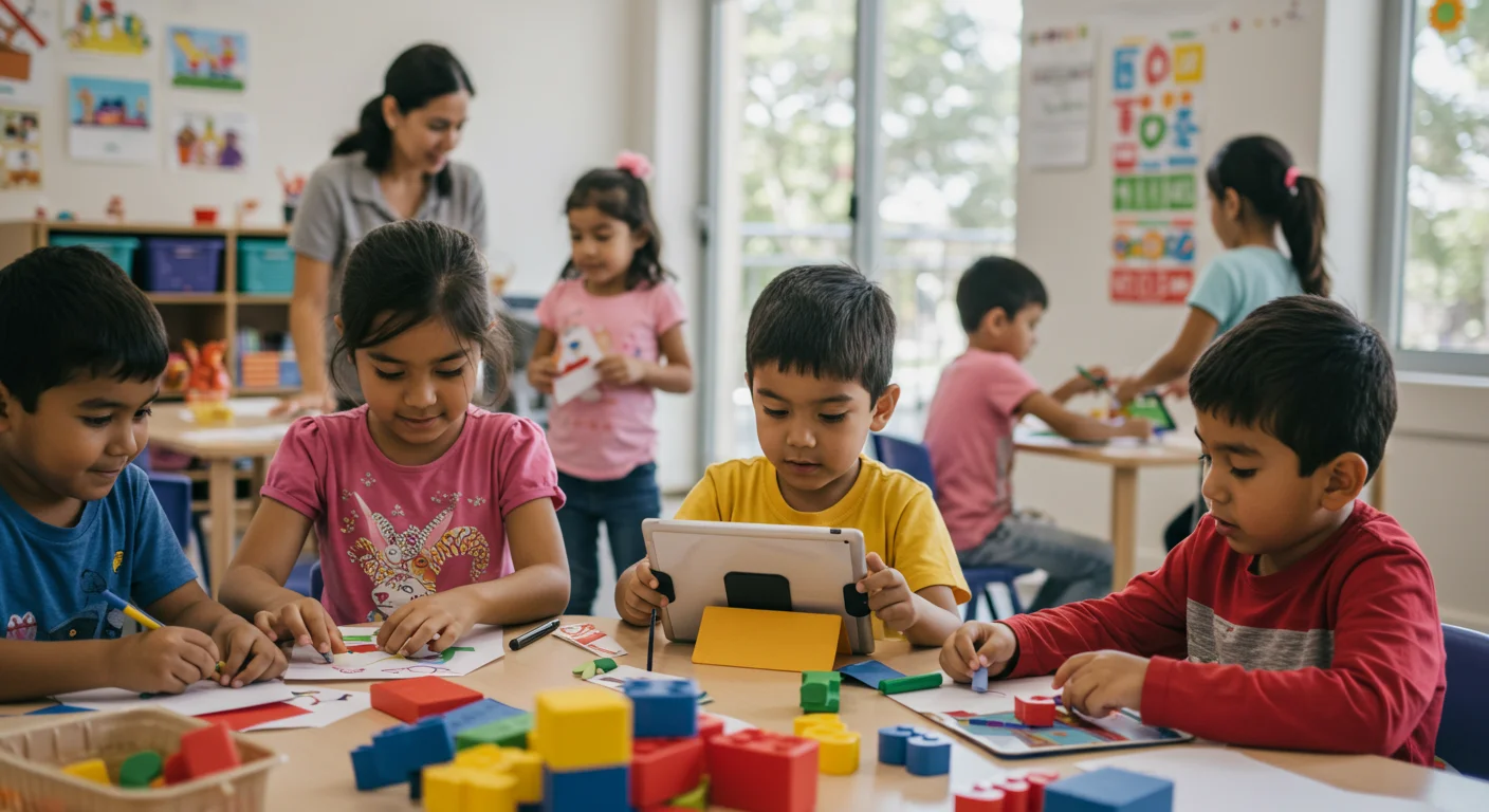 Niños participando en actividades educativas con manualidades, tecnología y juegos didácticos