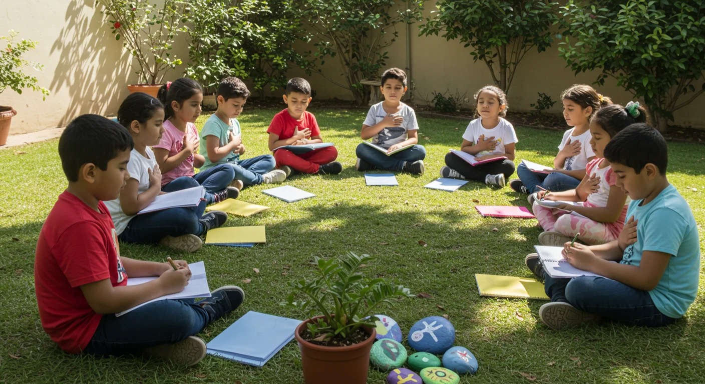 Niños realizando actividades espirituales guiados por su madre en un jardín