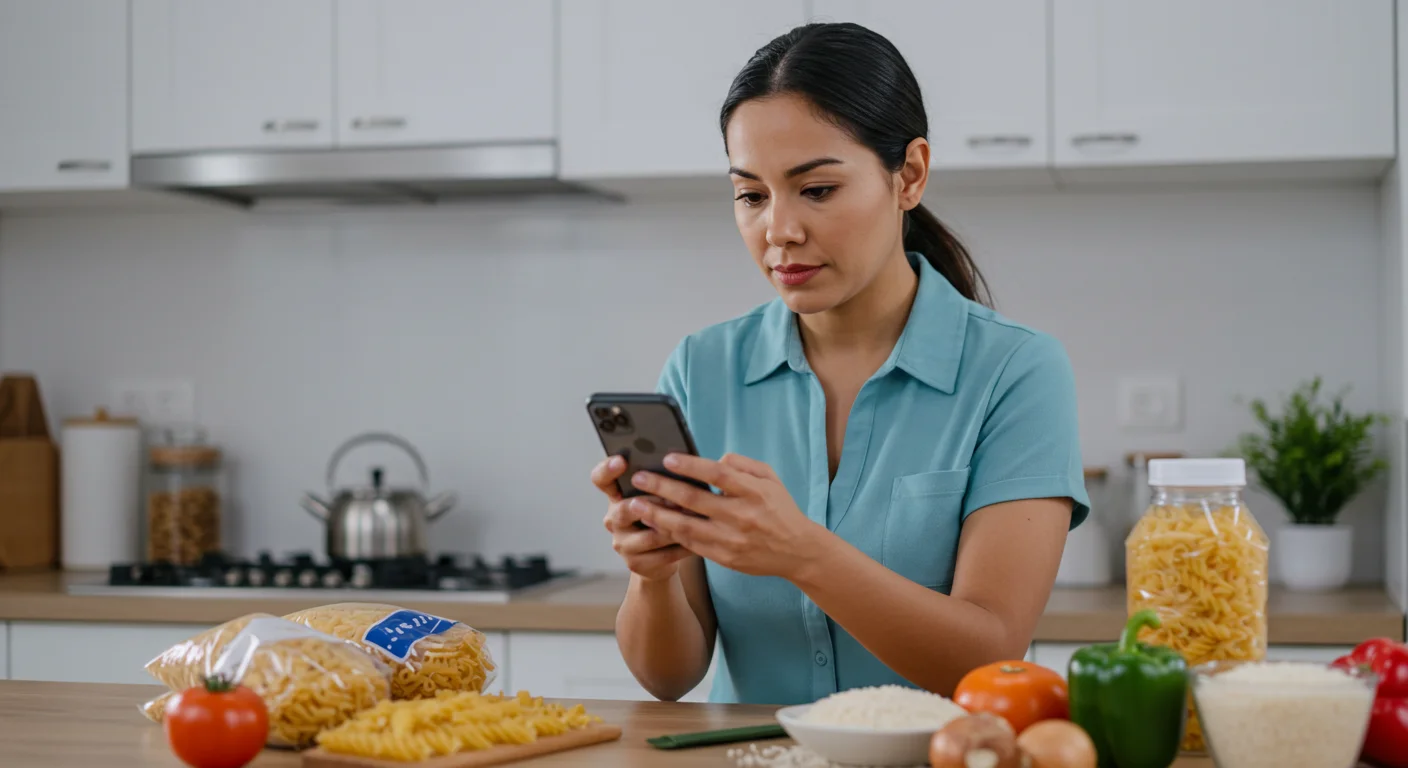 Aplicaciones móviles para ahorrar dinero en la cocina.webp Mujer usando app de cocina para ahorrar en compras de alimentos